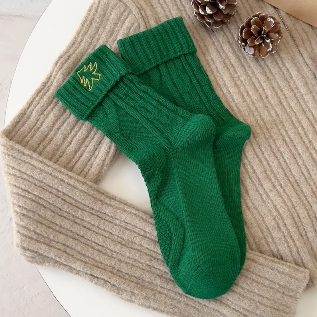Flanging Golden Embroidery Christmas Cartoon Letters Cotton Medium Stockings Green Gold Tree - Shop at LoveMi