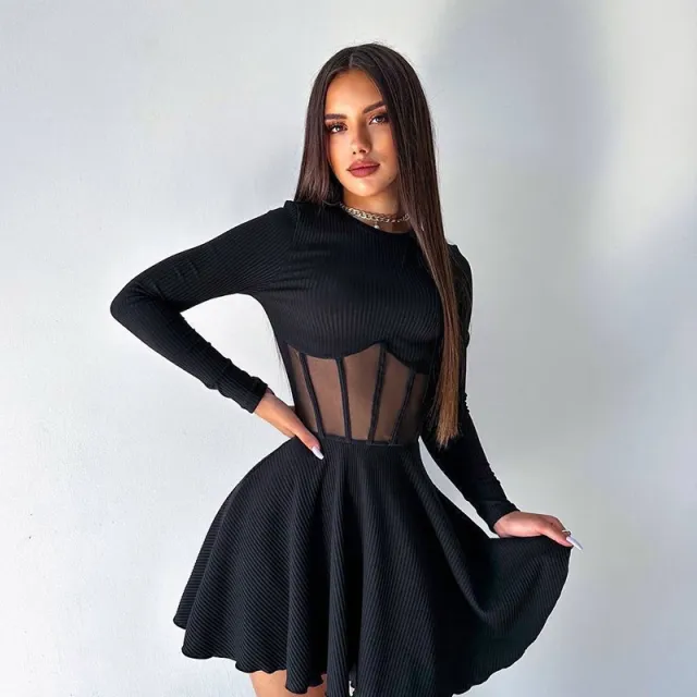 Women's Semi high Collar Long Sleeve Fashion Mesh Spliced Fishbone Waist Short Dress Black - Shop at LoveMi