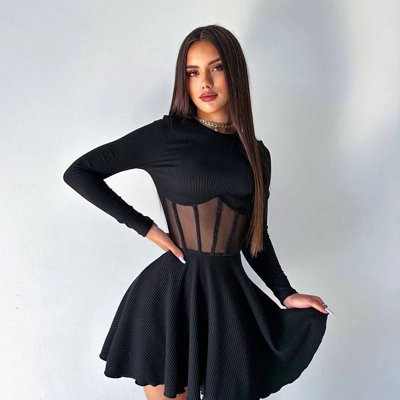Women's Semi-high Collar Long Sleeve Fashion Mesh Spliced Fishbone Waist Short Dress - Black