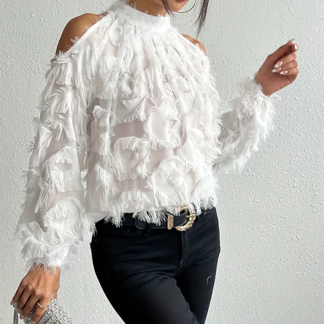 French style Fringed Long sleeve Off shoulder Blouse For Everyday Commuting White - Shop at LoveMi