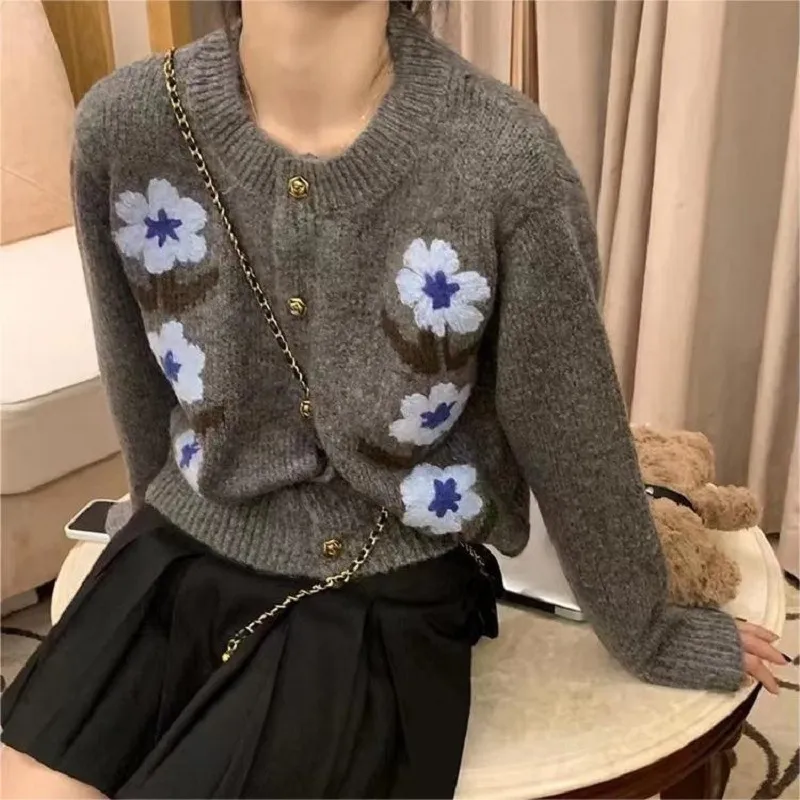 Retro Flower Cardigan Coat For Women - Gray