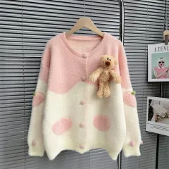 Mink-like Wool Knitted Cardigan Sweet Bear Embroidered Sweater Winter Coat - Pink - View 1