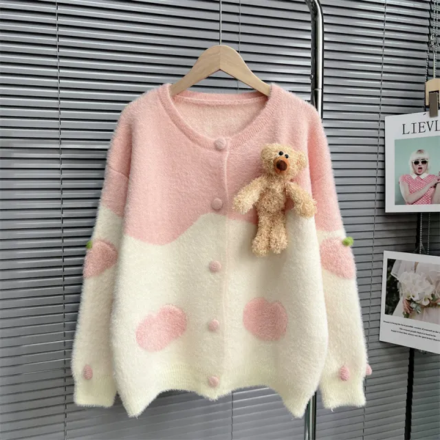 Mink like Wool Knitted Cardigan Sweet Bear Embroidered Sweater Winter Coat Pink - Shop at LoveMi