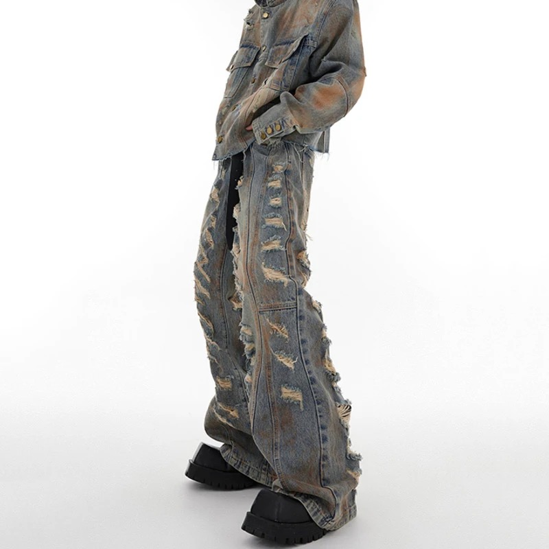 Damaged Denim Coat Distressed Jacket Slightly Flared Jeans