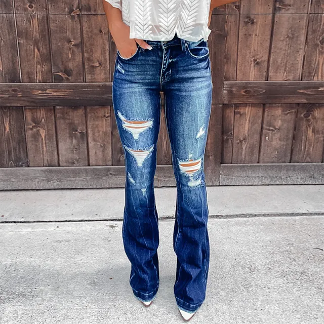 Women's Jeans Elegant Ripped Casual Pants Dark Blue - Shop at LoveMi