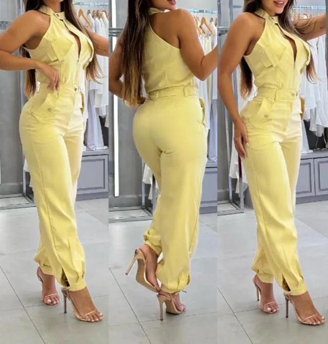 Halter Top Casual Working Pants Two piece Suit Yellow - Shop at LoveMi