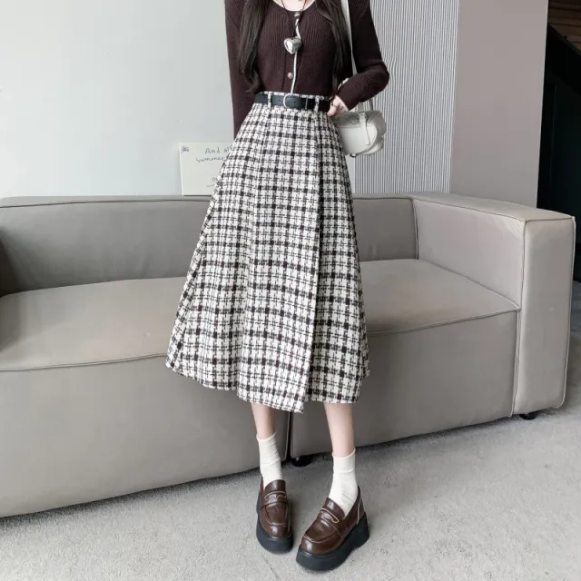 High Waist Plaid Elegant Skirt For Women Coffee Color Lattice With Belt - Shop at LoveMi