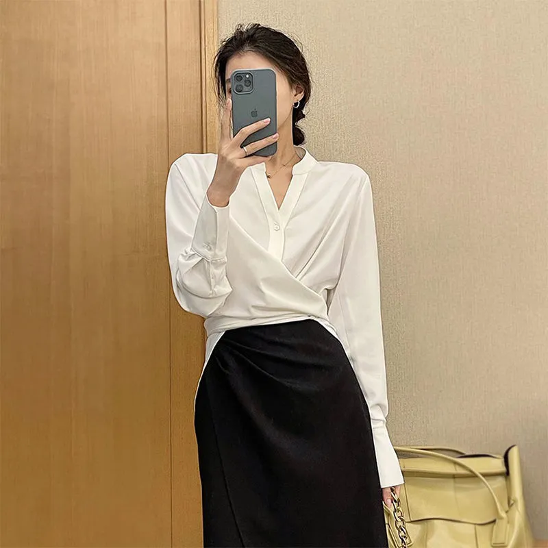 Design Commuter Young Style French Clavicle Cross Tied Top Women - White