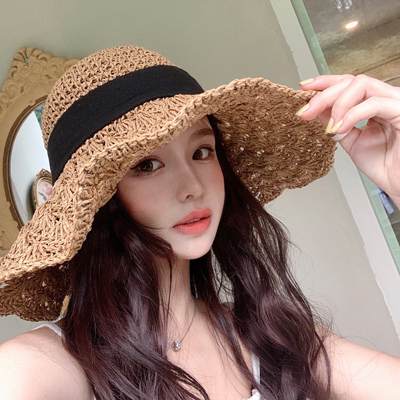 New Straw Hat Women's Summer Lace up Beach Foldable Vacation Summer Hat Khaki - Shop at LoveMi