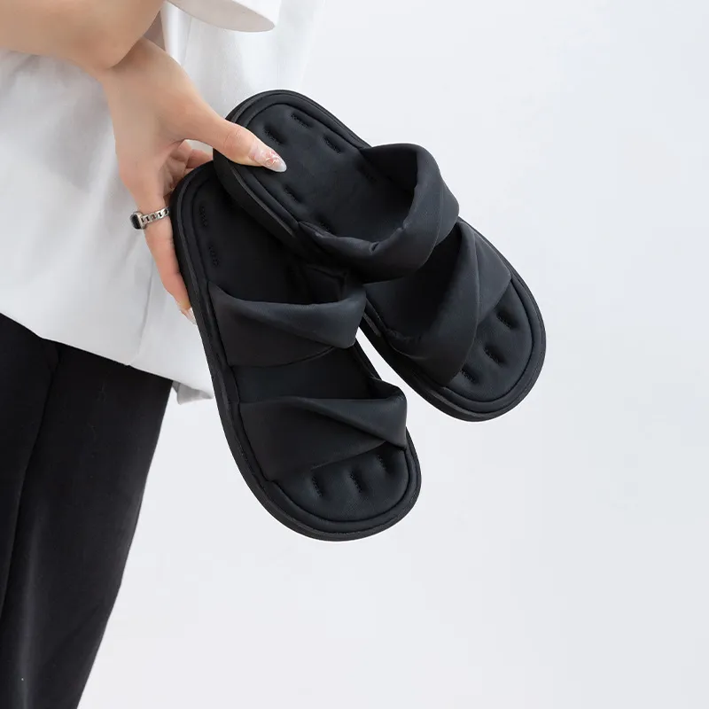 Thick-soled Sofa Soft Slippers Flat Flip-flops Comfortable Sandals - Black