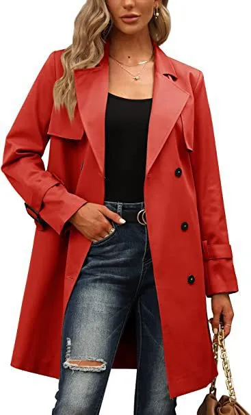 European And American Autumn Women's Double Breasted Fashion Casual Trench Coat Red - Shop at LoveMi