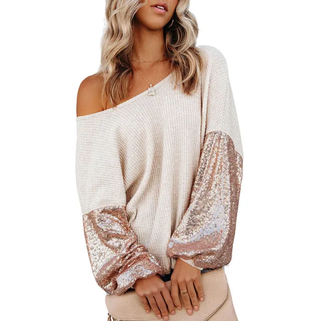 Sequined European And American Design Backless Waffle Knitted Sweater Apricot - Shop at LoveMi
