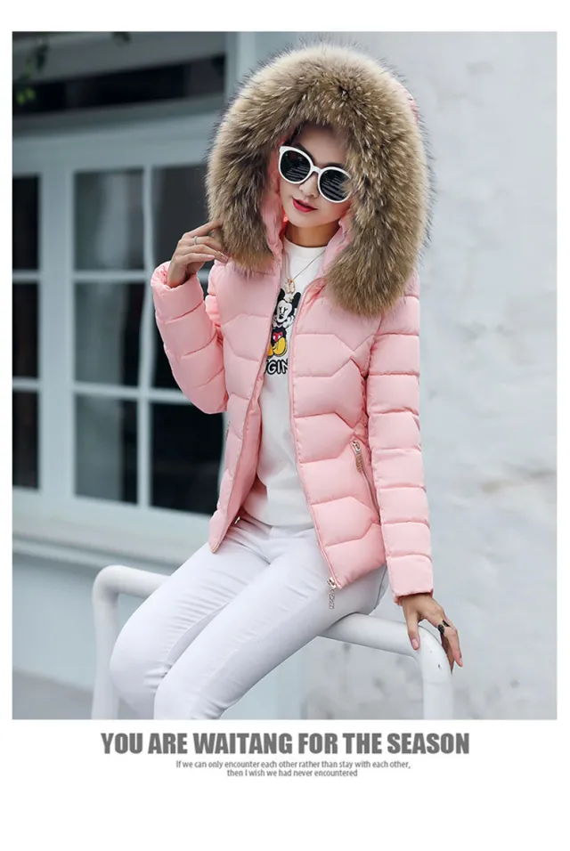 Short Slim Fit Women's Clothing Large Fur Collar Down Jacket Pink - Shop at LoveMi