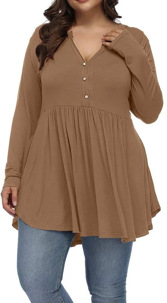 V neck Buttons Pleated Long Sleeve Plus Size T shirt Brown - Shop at LoveMi