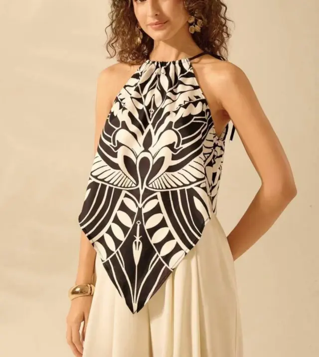 Women's Fashionable And Sexy Lace up Halterneck Printed Sleeveless Top Black - Shop at LoveMi
