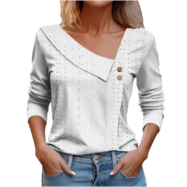 European American Summer New Solid Color And V neck Button Long sleeved T shirt Top For Women White - Shop at LoveMi