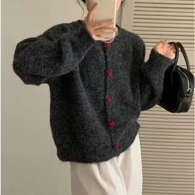 Round Neck All matching Design Love Girl Buckle Knitted Cardigan Sweater Coat For Women Dark Gray - Shop at LoveMi