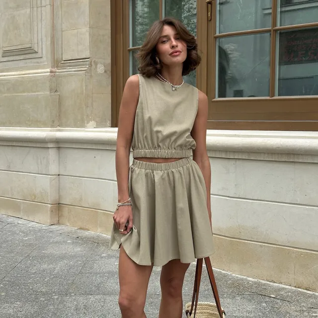 Cotton And Linen Comfortable Short Skirt Casual Suit Women Khaki - Shop at LoveMi
