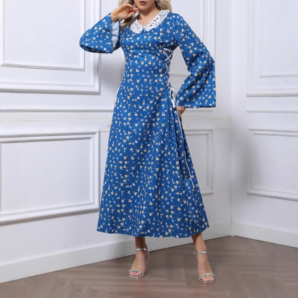 Womens Printed V-Neck Lace-trimmed Flare-Sleeve Maxi Dress