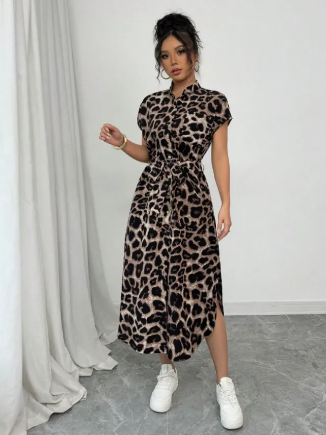 Leopard Print Front Button Shirt Belt Bow Shirt For Women Leopard Print - Shop at LoveMi