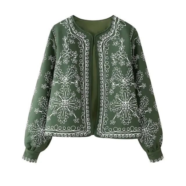 Round Neck Printed Casual Thin Small Padded Jacket Green - Shop at LoveMi