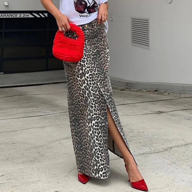Commute Style Cotton Leopard Print Straight Ankle Skirt European And American Spring Fashion Long Skirt Leopard Print - Shop at LoveMi