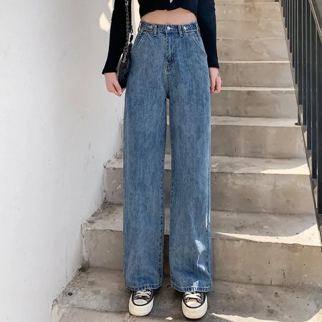 Wide Leg Jeans Women's High Waist Slimming Loose Small Daddy Pants Drooping Straight Mop Pants Blue - Shop at LoveMi