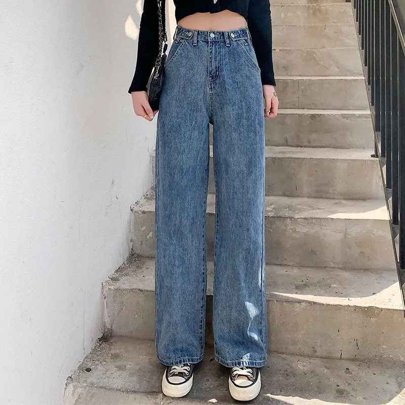 Wide Leg Jeans Women's High Waist Slimming Loose Small Daddy Pants Drooping Straight Mop Pants - Blue