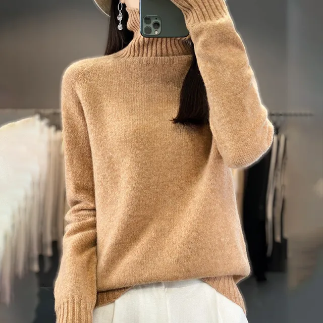 Women's Solid Color Turtleneck Knitting Pullover Long Sleeve Loose Sweater Golden Camel - Shop at LoveMi