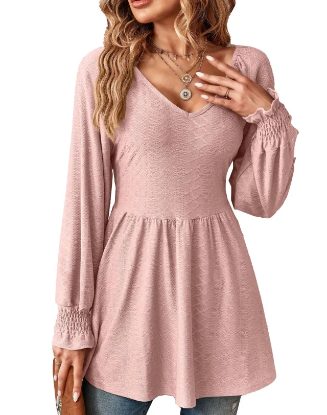 Women's Fashionable Simple V neck Jacquard Stitching Solid Color T shirt Long Sleeve Top Leather Pink - Shop at LoveMi