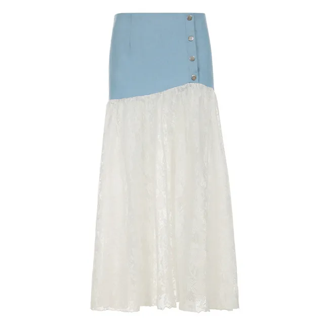 French Style Gentle Low Waist Breasted Denim Stitching Lace A Line Dress Light Blue - Shop at LoveMi