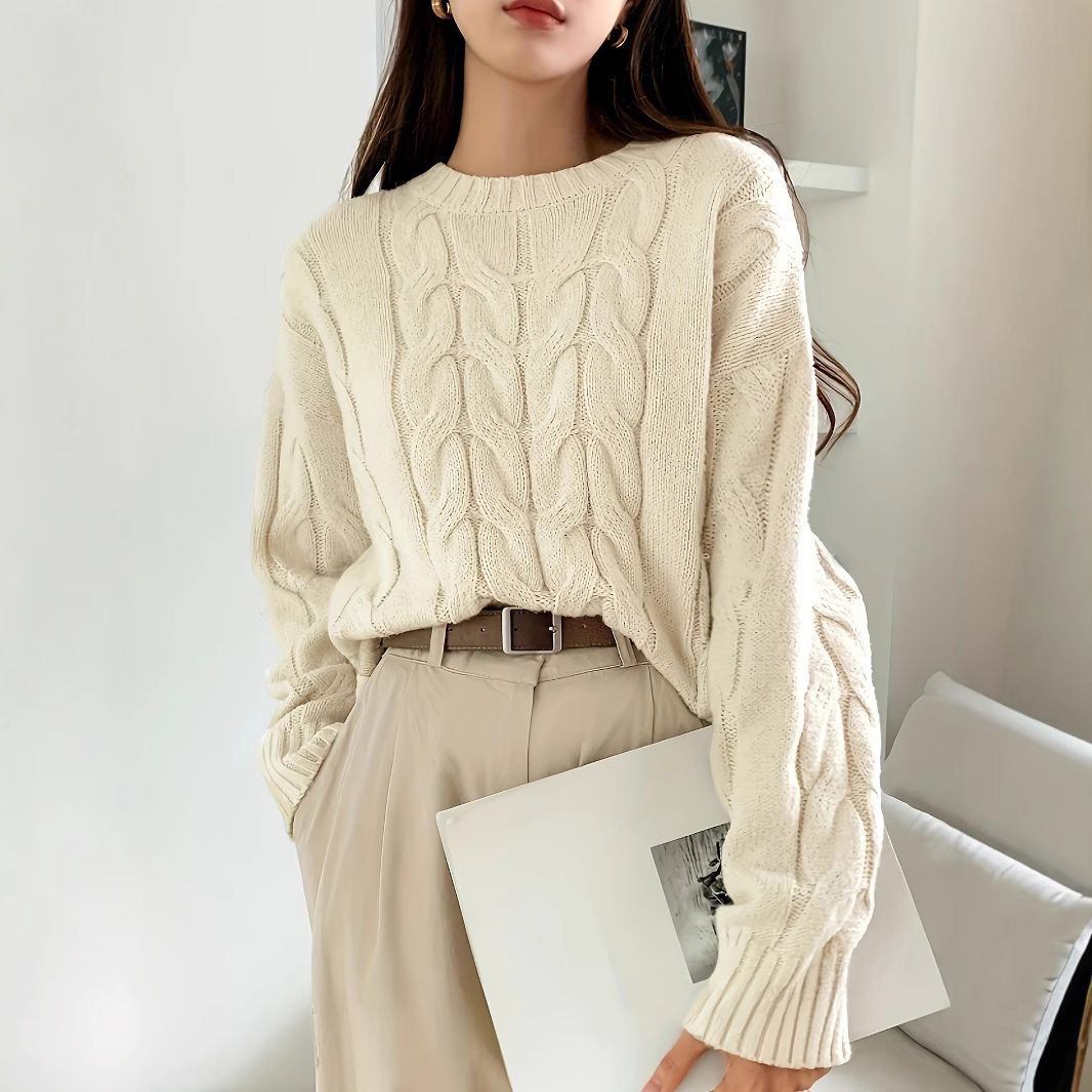 Round Neck Pure Color All matching Trendy Sweater Top Apricot - Shop at LoveMi