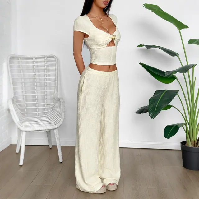 Vest Wide leg Pants Suit Women's Clothing Apricot - Shop at LoveMi