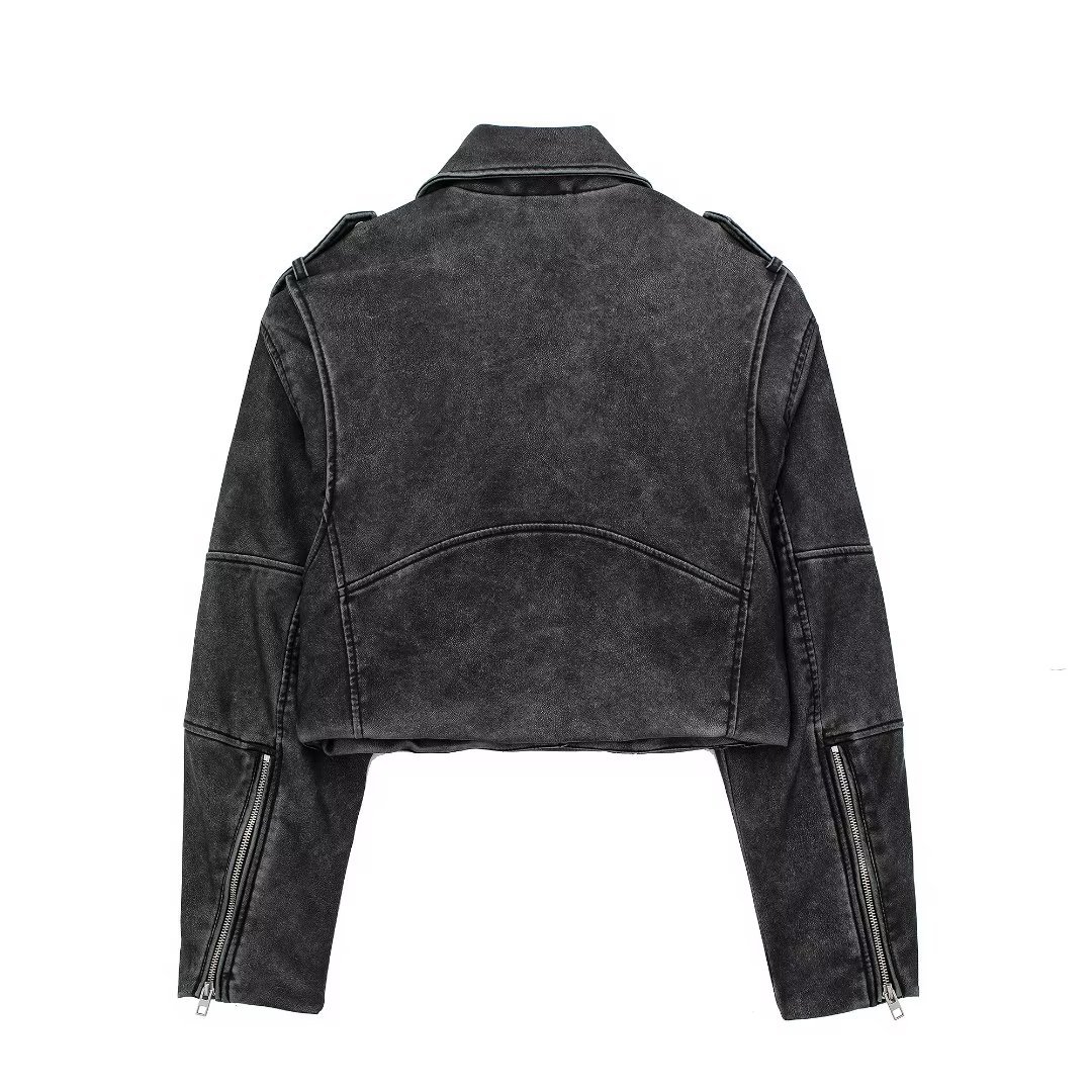 Women’s Clothing Distressed Effect Imitation Leather Motorcycle Jacket Coat