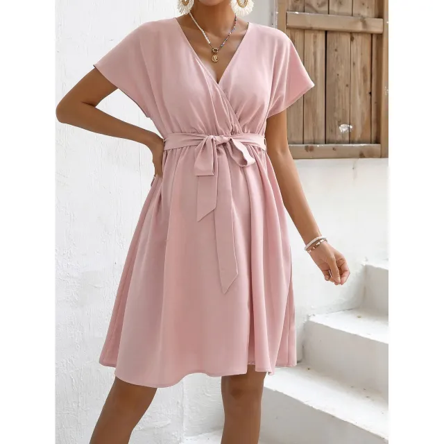 V neck Batwing Sleeve Belt Decorative Casual And Comfortable Fashion Dress Lotus Root Color - Shop at LoveMi