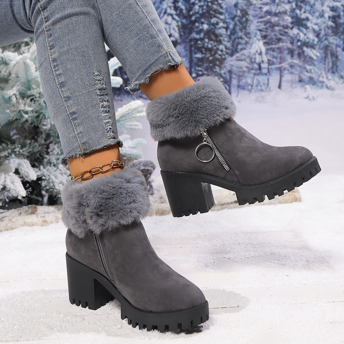 Title 10, Snow Velvet Thermal And Thickening Thick Heel W...