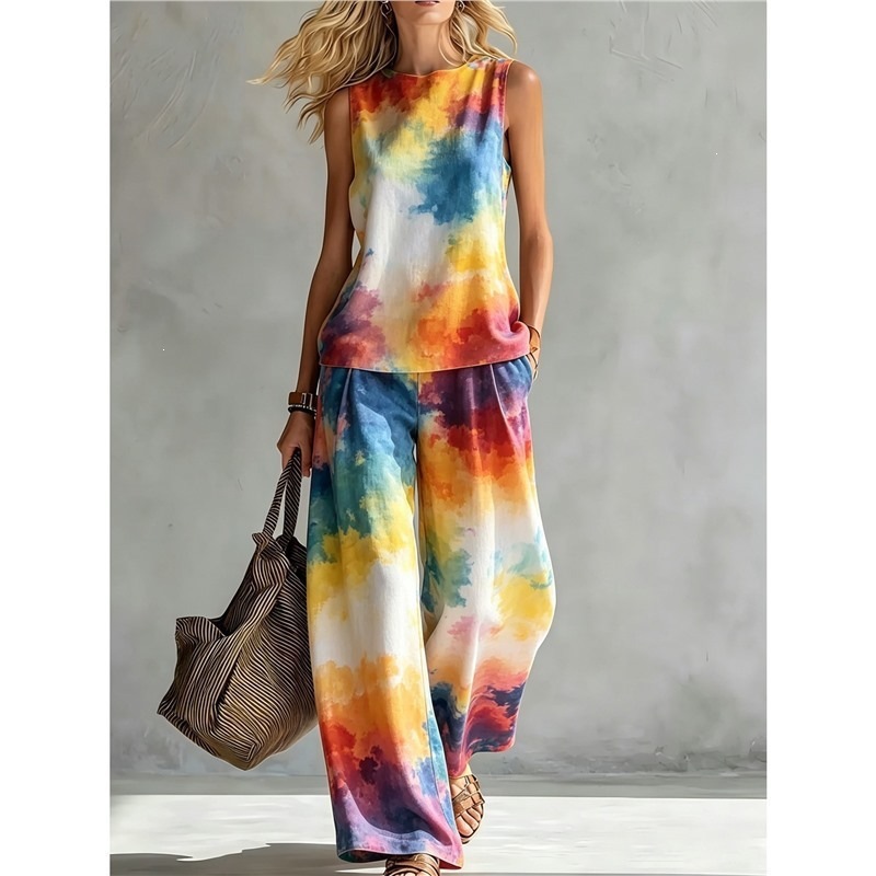 New-style Rainbow Tie-dye Sleeveless Crew-neck Top And Wide-leg Pants Womens Casual Two-piece Set 6