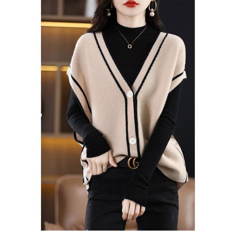 Single breasted Color Matching Sleeveless Sweater Coat Loose Knitted Cardigan Waistcoat Apricot - Shop at LoveMi