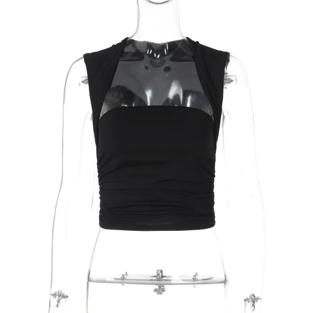 Square Collar Sleeveless Vest Pleated Tight Top T shirt Black - Shop at LoveMi