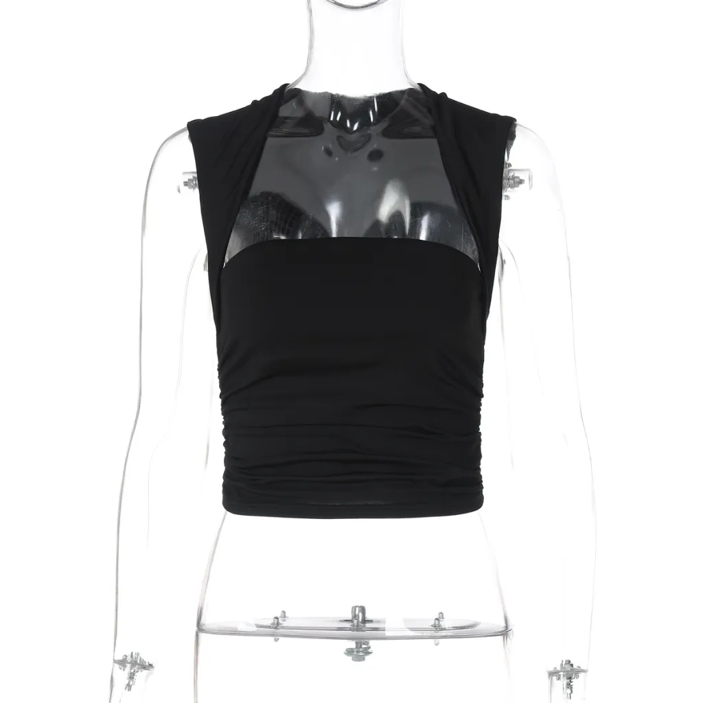 Square Collar Sleeveless Vest Pleated Tight Top T-shirt - Black