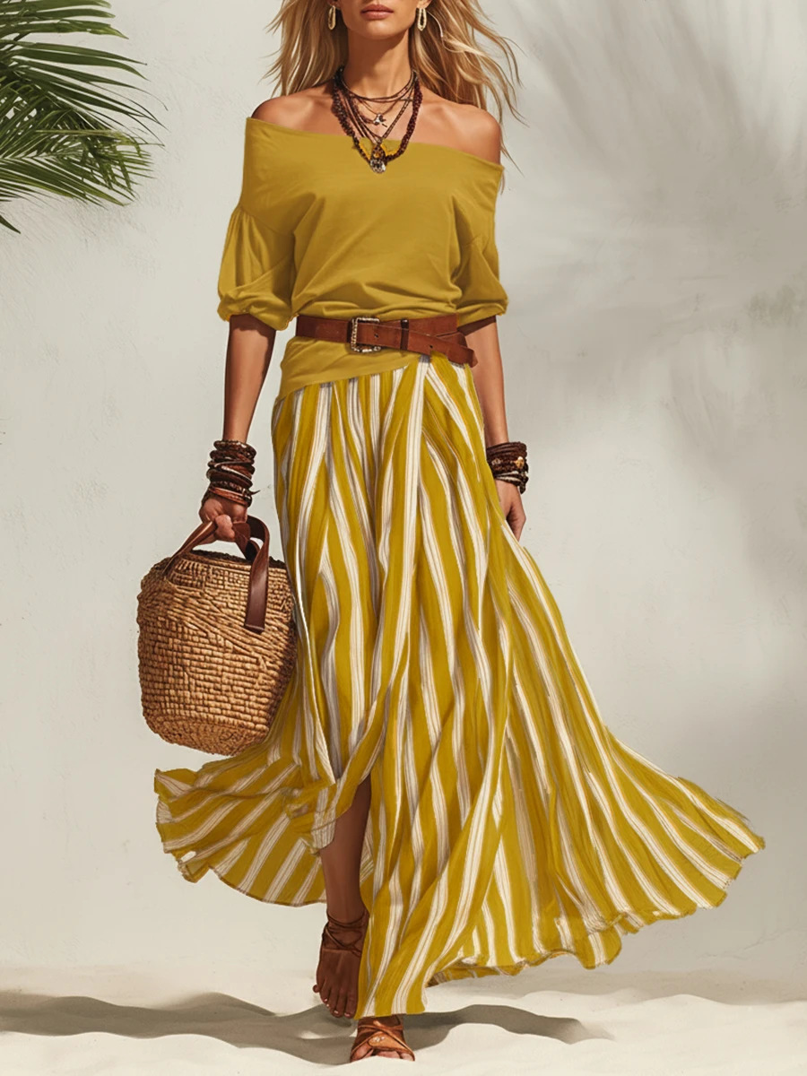 Women's Off-Shoulder Top and Maxi Skirt Set in Green – fresh elegant style