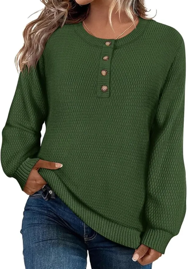 Solid Color Buttons Long Sleeve Round Neck Pullover Sweater Top Green - Shop at LoveMi