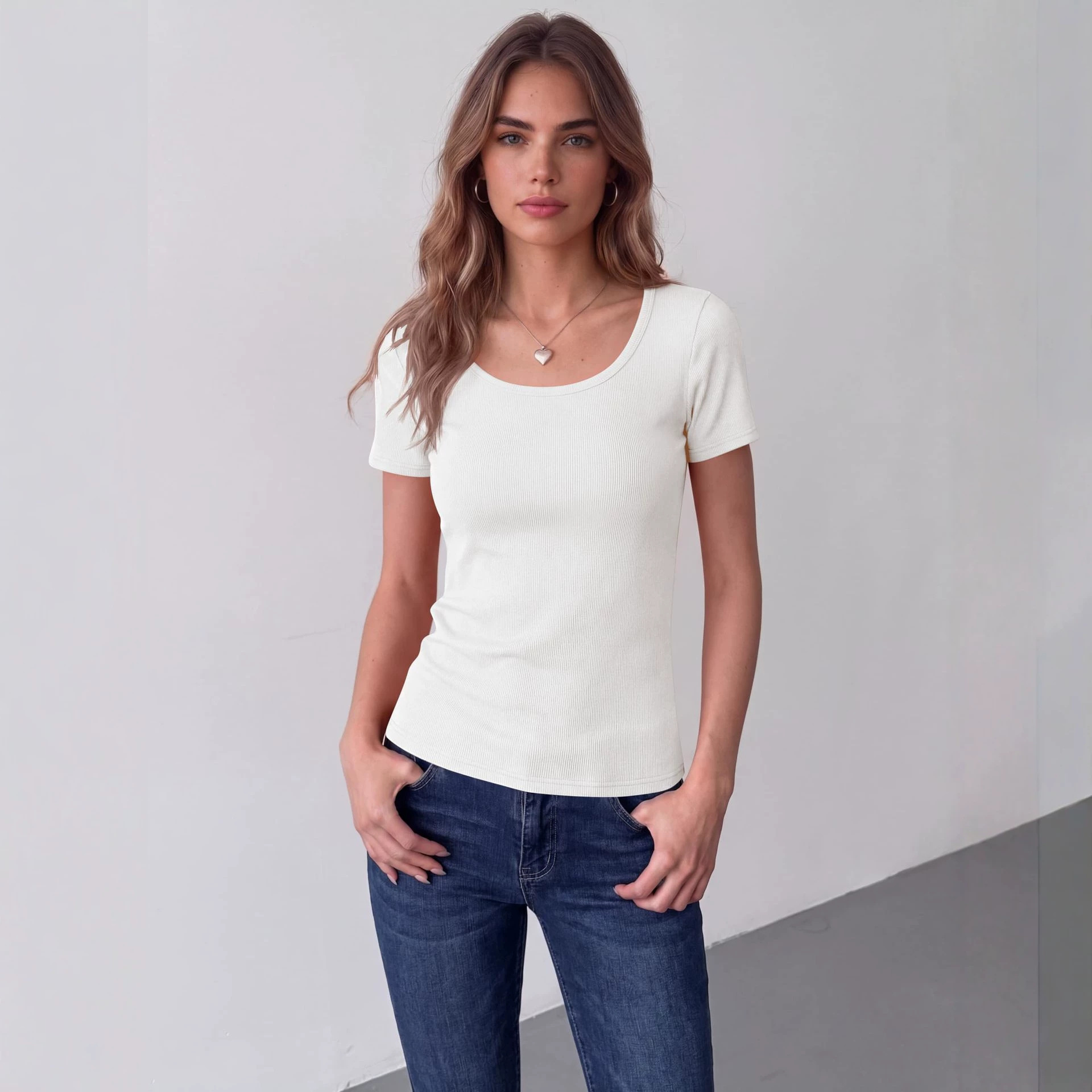Spring Summer Slim Fit Square Neck Ribbed T Shirt
