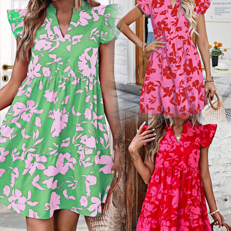 Lotus-Leaf Sleeve Loose V-Neck Printed Floral Dress