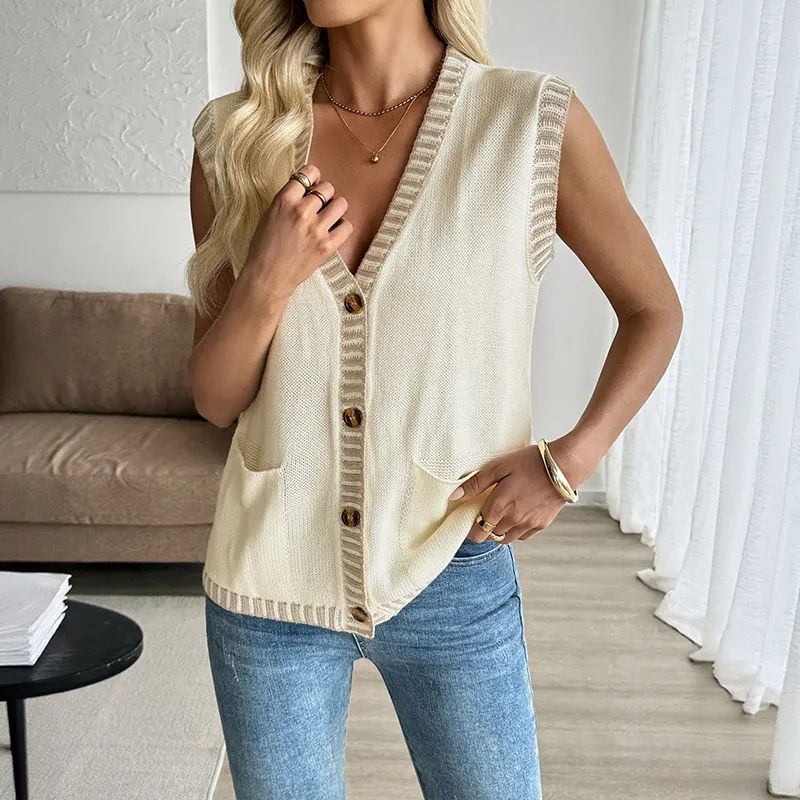 Classic Style Contrast Color Sleeveless Cardigan Knitted Vest Top For Women - Creamywhite