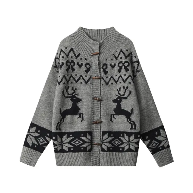 Loose Knitted Jacquard Horn Button Retro Women's Cardigan Sweater Flower Gray - Shop at LoveMi