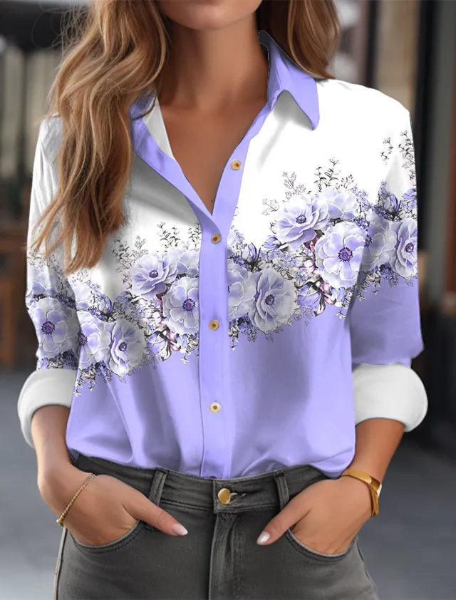 Women's Color Matching Printed Long sleeved Lapel Button Shirt 3V5Yy62 S - Shop at LoveMi