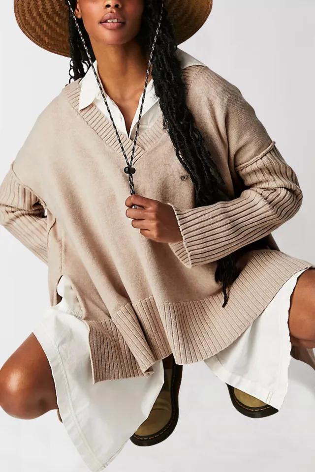 V neck Irregular Splicing Pullover Loose fitting Women's Khaki - Shop at LoveMi
