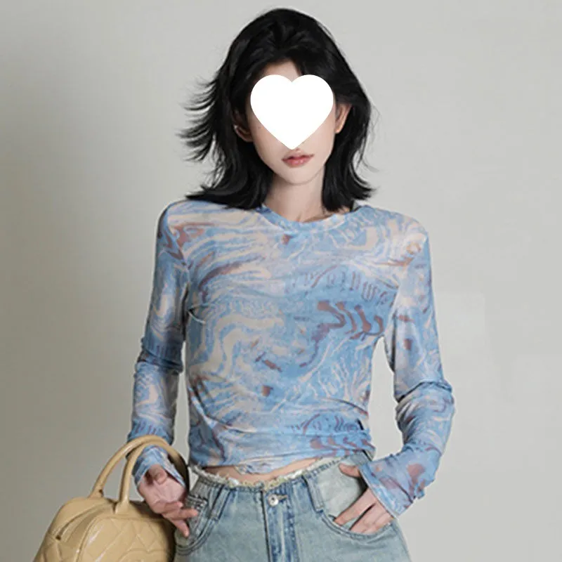 Summer New Tie-dyed Thin Short Long Sleeve Women's Slim Fit - Blue