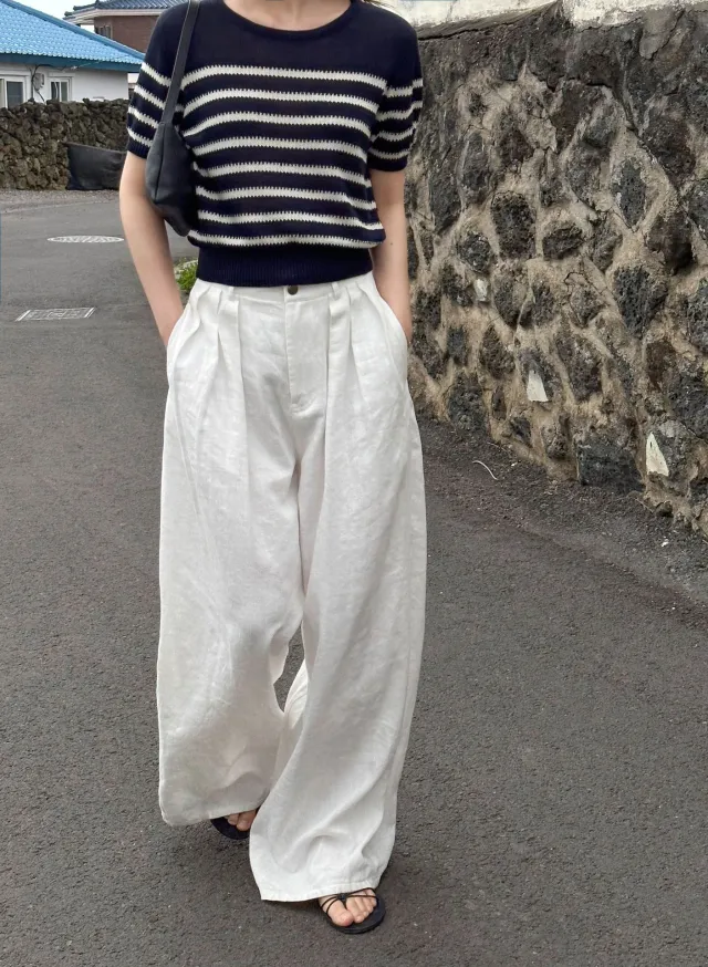Navy Blue Striped Top Women's Summer Round Neck Sweater Navy Blue Stripes - Shop at LoveMi